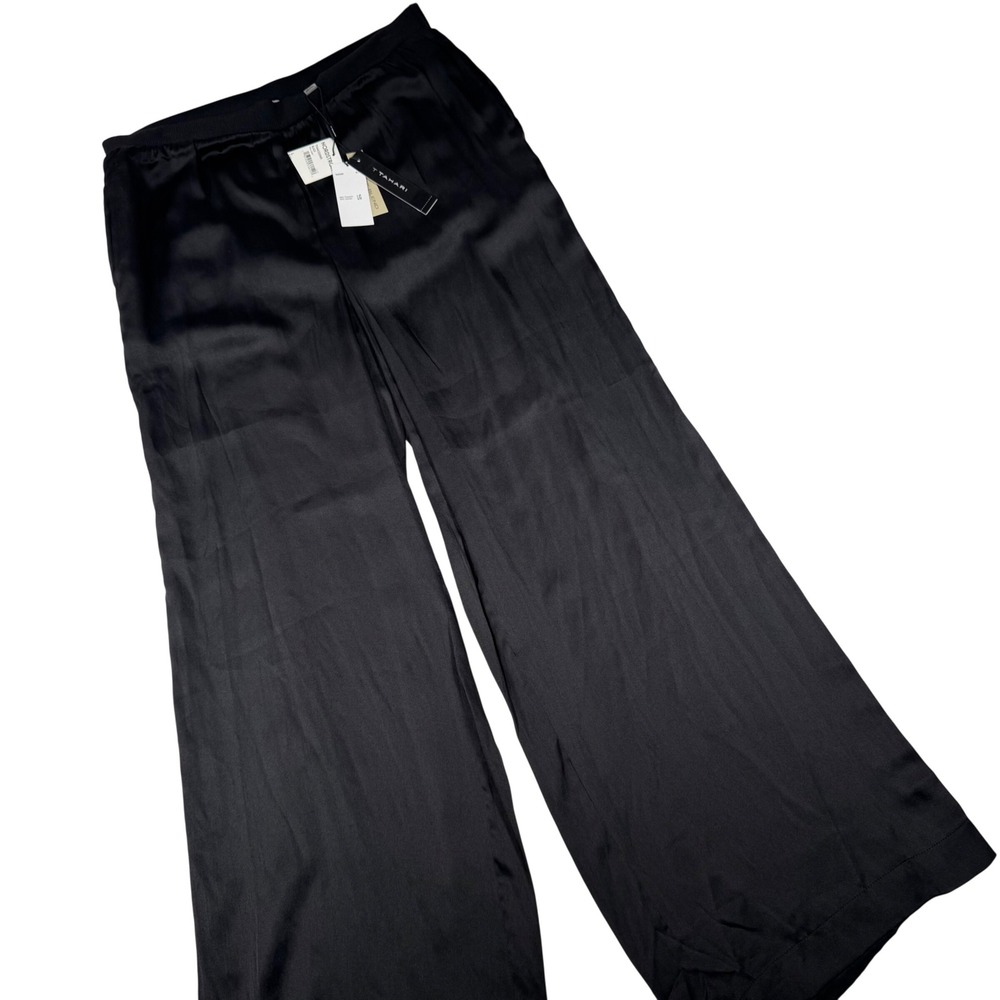 T Tahari Wide Leg Pants Women Large Black Satin Viscose New NWT TH44330NR Chic
